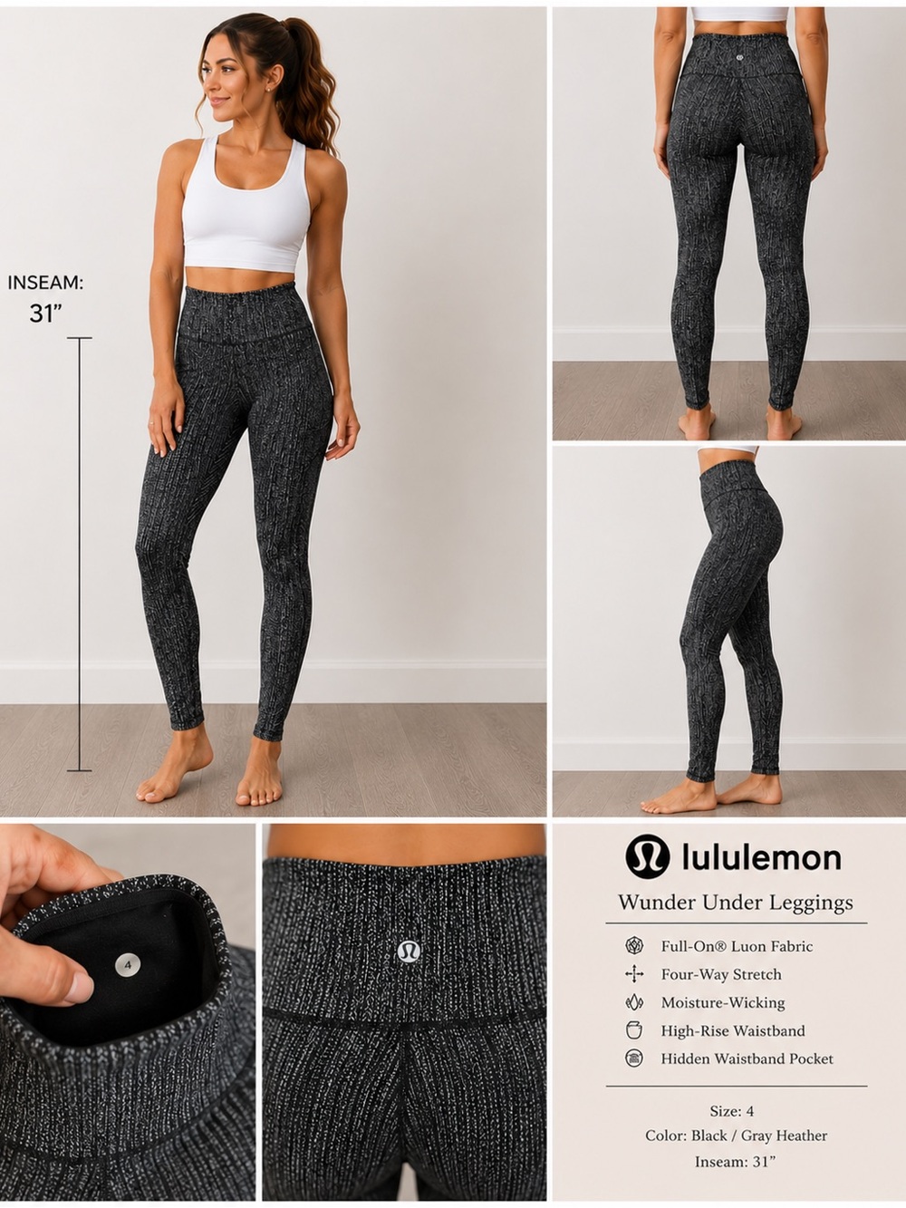 Lululemon Wunder Under Heathered Luon Leggings Size 4 High Rise